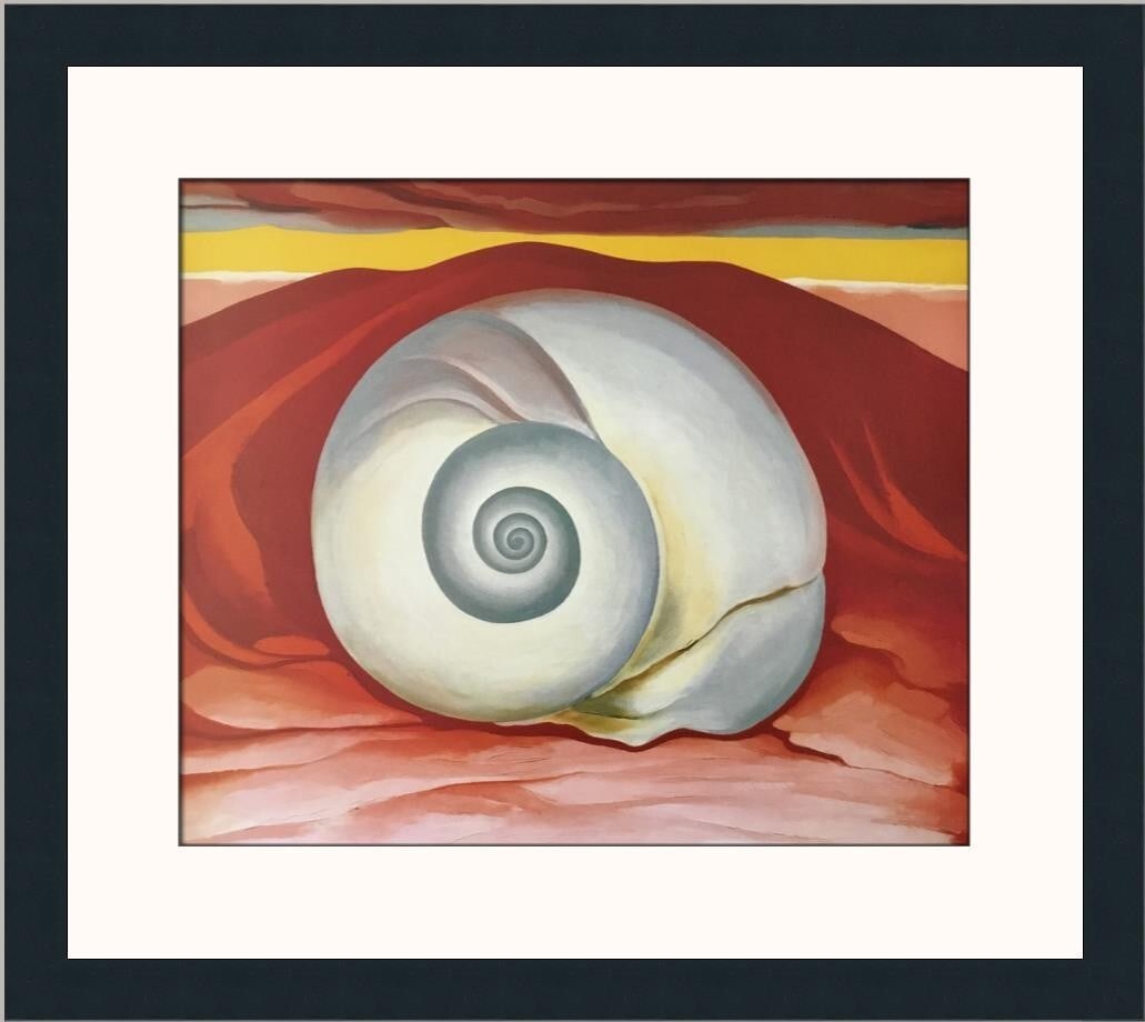 Georgia O'Keeffe Red Hill and White Shell Custom Framed Print 1988: Georgia O'Keeffe Red Hill and White Shell Custom Framed Print 1988 This stunning custom framed print titled 'Red Hill and White Shell' by renowned artist Georgia O'Keeffe captures the essence of moder