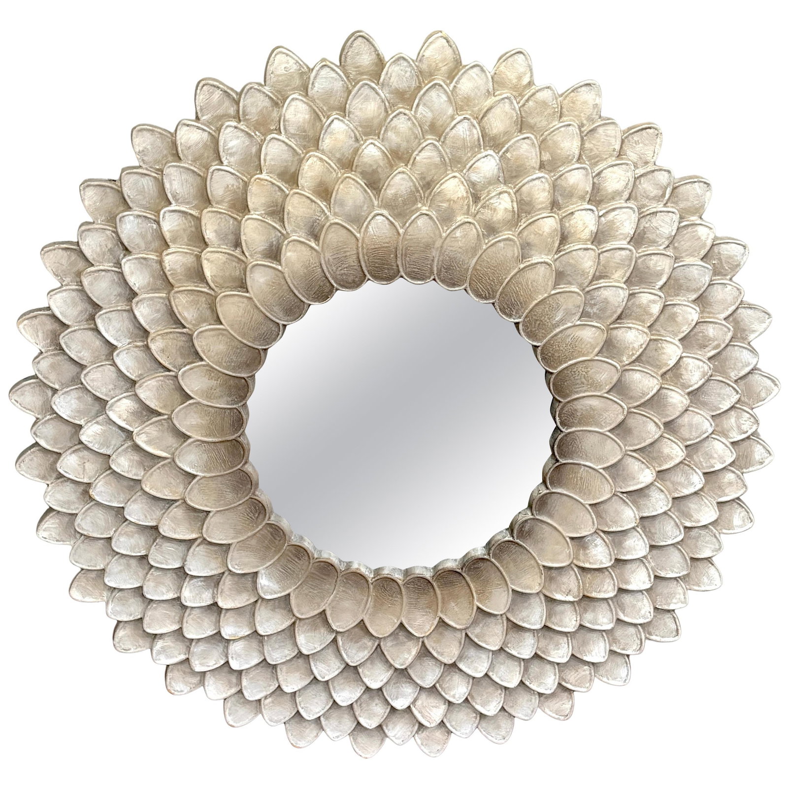 Vintage Silver Lacquered 40 Inch Sunburst Floral Mirror: Vintage Silver Lacquered 40 Inch Sunburst Floral Mirror This vintage silver lacquer sunburst or floral mirror combines modern design with exceptional craftsmanship. With an impressive diameter of 40 i