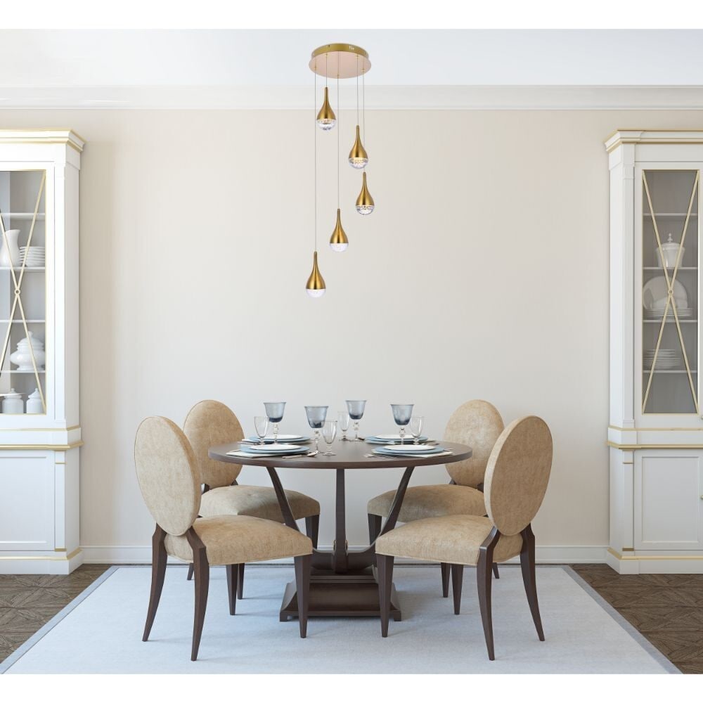 Amherst 5-Light Satin Gold Glass Pendant Chandelier: Amherst 5-Light Satin Gold Glass Pendant Chandelier This modern pendant chandelier features a satin gold finish with clear seeded glass accents, offering a contemporary look suitable for a variety of 