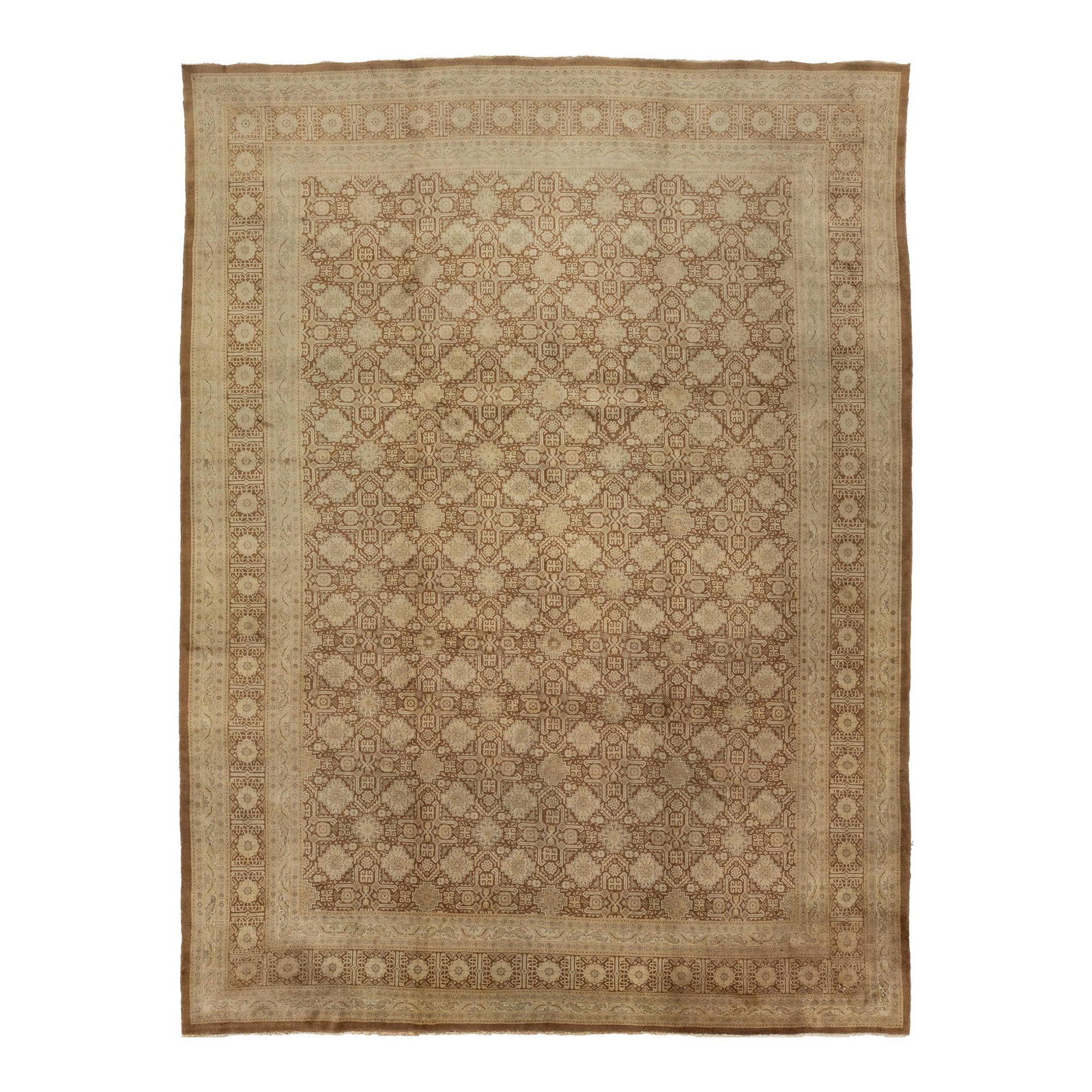 Antique 1930s Persian Tabriz Wool Rug 9'10 x 13 Beige Brown Geometric: Antique 1930s Persian Tabriz Wool Rug 9'10 x 13 Beige Brown Geometric This exquisite antique Persian Tabriz rug, crafted in the 1930s, features a stunning beige border adorned with intricate gray deta