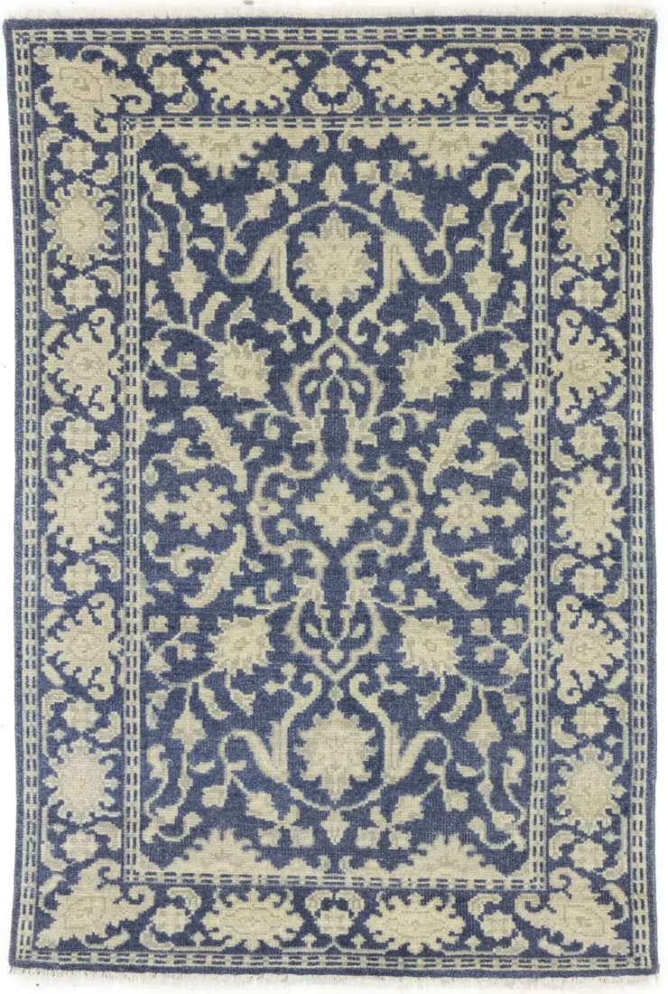 Hand-Knotted Wool Area Rug 3'11 x 5'10 Floral Transitional Modern Design: Hand-Knotted Wool Area Rug 3'11 x 5'10 Floral Transitional Modern Design This handmade transitional Oriental rug features a floral design in muted tones of slate blue, cream, and beige. Crafted from h