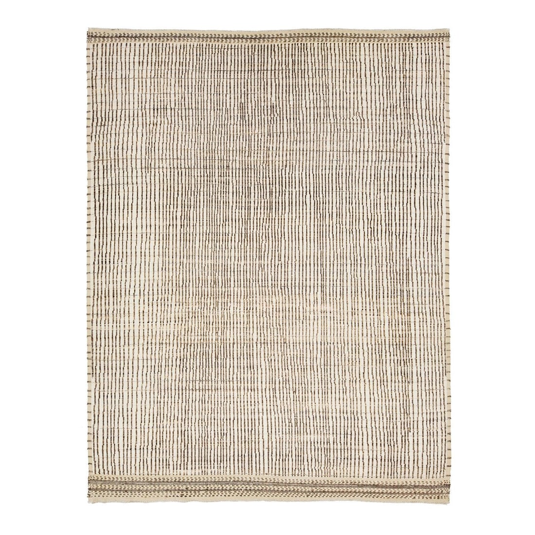 9'4" x 12'2" Handwoven Ivory Wool Area Rug With Black Stripes: 9'4" x 12'2" Handwoven Ivory Wool Area Rug With Black Stripes This artisan-crafted modern Moroccan wool rug features irregular vertical black stripes on a warm ivory background. Its minimalist design 