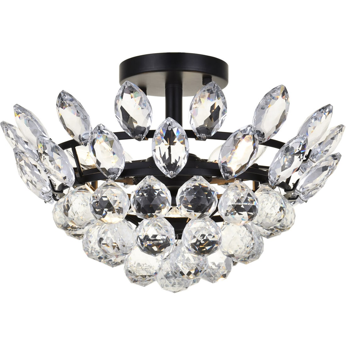 Emilia Black Crystal Flush Mount 3-Light Chandelier 14 inch: Emilia Black Crystal Flush Mount 3-Light Chandelier 14 inch This modern flush mount chandelier features a sleek black finish with clear royal cut crystal accents, creating an elegant lighting solution