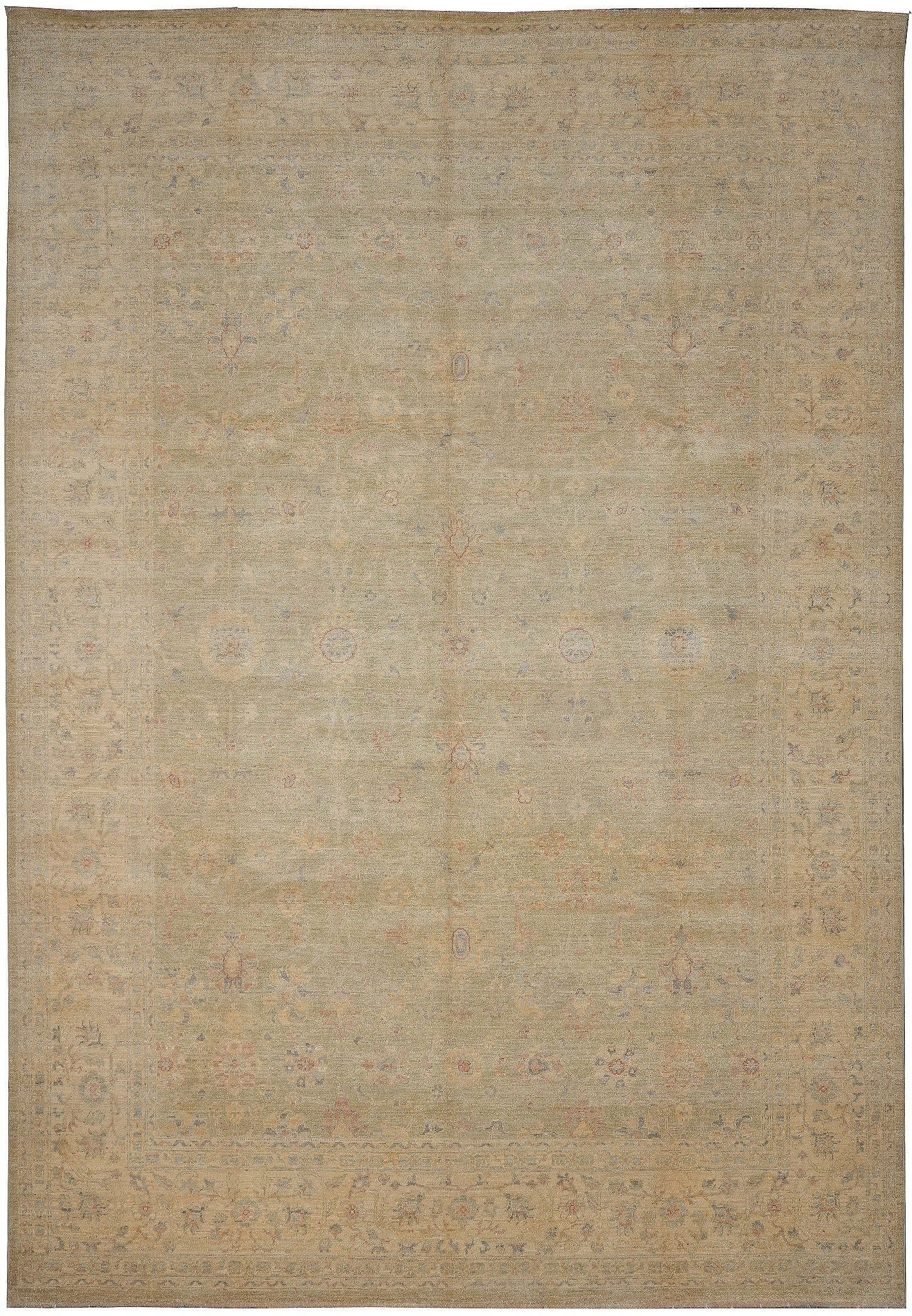 9 x 12 Hand Knotted Chobi Peshawar Wool Area Rug: 9 x 12 Hand Knotted Chobi Peshawar Wool Area Rug Free continental US Shipping This Chobi Peshawar area rug features a neutral faded light green and gold color palette with a Zigler pattern. It is hand