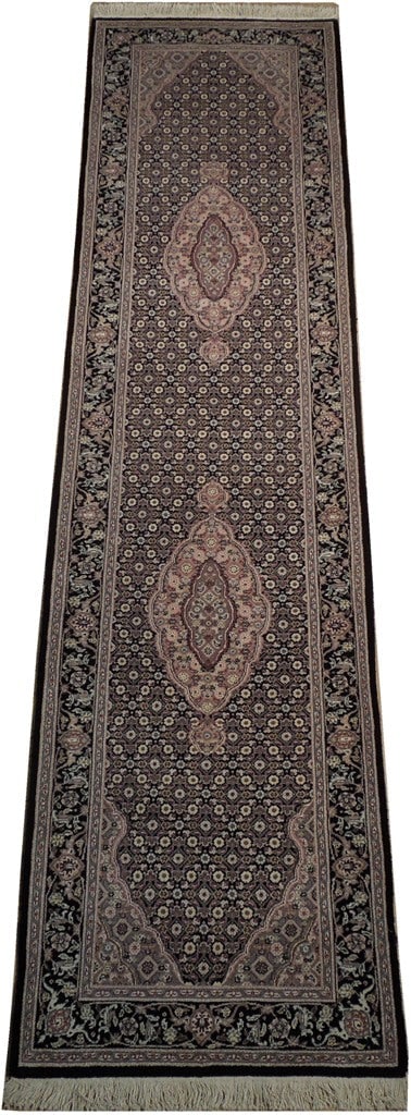 3' x 10' Black Tabriz Wool Silk Runner Rug Elegant Design: 3' x 10' Black Tabriz Wool Silk Runner Rug Elegant Design Free continental US Shipping Enhance your living space with this exquisite 3' x 10' Black Tabriz Runner Rug, meticulously crafted from a blend