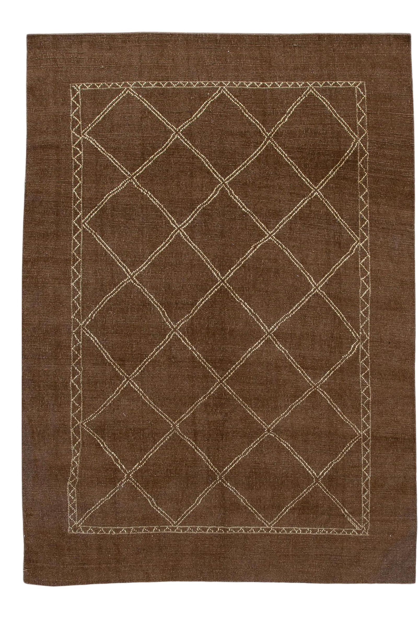 Handmade Modern Moroccan Wool Rug Brown Geometric Design 6'10 x 9'7: Handmade Modern Moroccan Wool Rug Brown Geometric Design 6'10 x 9'7 Transform your space with this stunning contemporary Moroccan style hand-knotted wool rug. Featuring a rich brown field and highligh