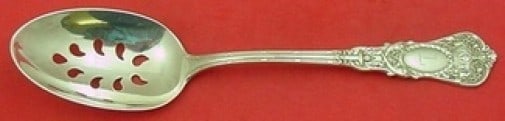 Durgin Empire Sterling Silver Pierced Serving Spoon 8 1/4" Custom Design: Durgin Empire Sterling Silver Pierced Serving Spoon 8 1/4" Custom Design This stunning Empire by Durgin Sterling Silver Serving Spoon showcases a unique pierced design with 9 holes, measuring 8 1/4 in