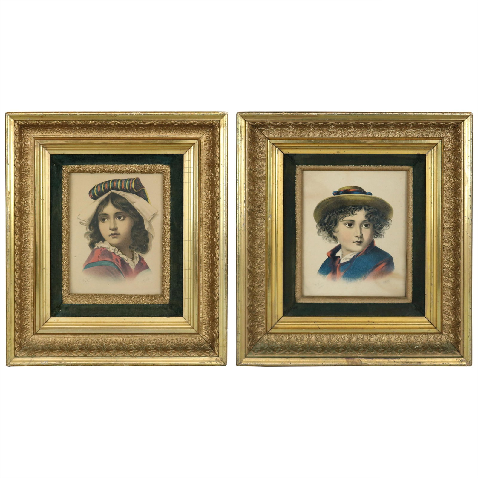 Pair of Antique Giltwood Deep Frames with Child Portrait Prints Circa 1880: Pair of Antique Giltwood Deep Frames with Child Portrait Prints Circa 1880 This antique matching set features two deep giltwood frames from the late 19th century, each with foliate decoration and orig