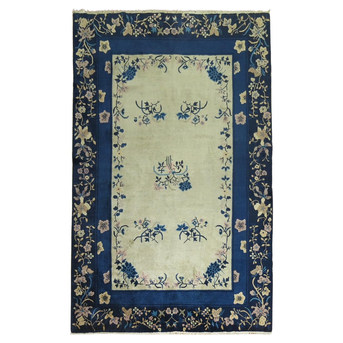 Zabihi Collection Floral Chinese Wool Rug 74 x 108 Cream Blue: Zabihi Collection Floral Chinese Wool Rug 74 x 108 Cream Blue Discover the exquisite Zabihi Collection Cream and Blue Chinese Rug, a stunning piece that adds a touch of elegance to any space. This han
