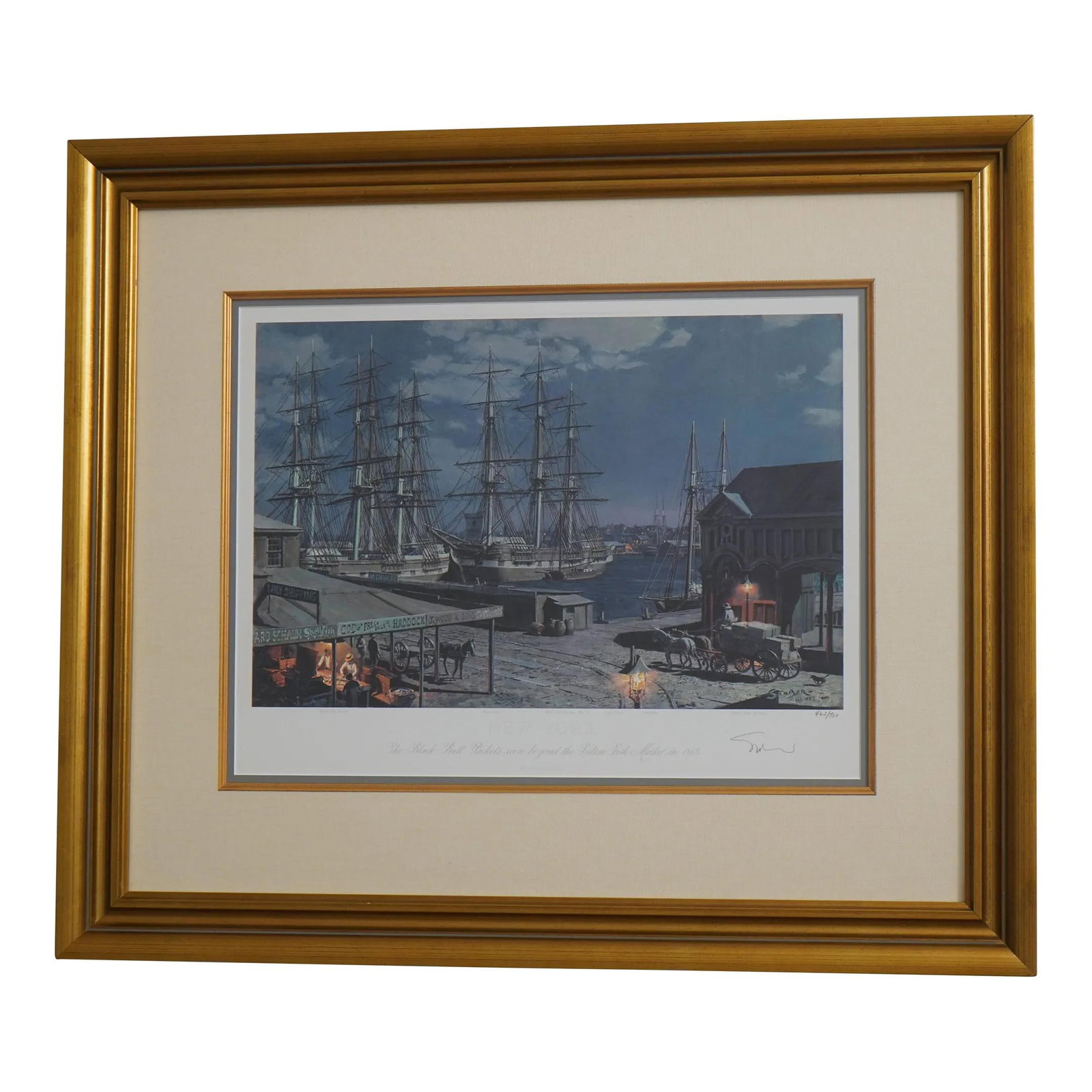 Hand Signed Fulton Fish Market Lithograph Framed Art Print: Hand Signed Fulton Fish Market Lithograph Framed Art Print Experience the charm of New York's maritime history with this hand-signed and numbered lithograph print of the Fulton Fish Market. This exqui