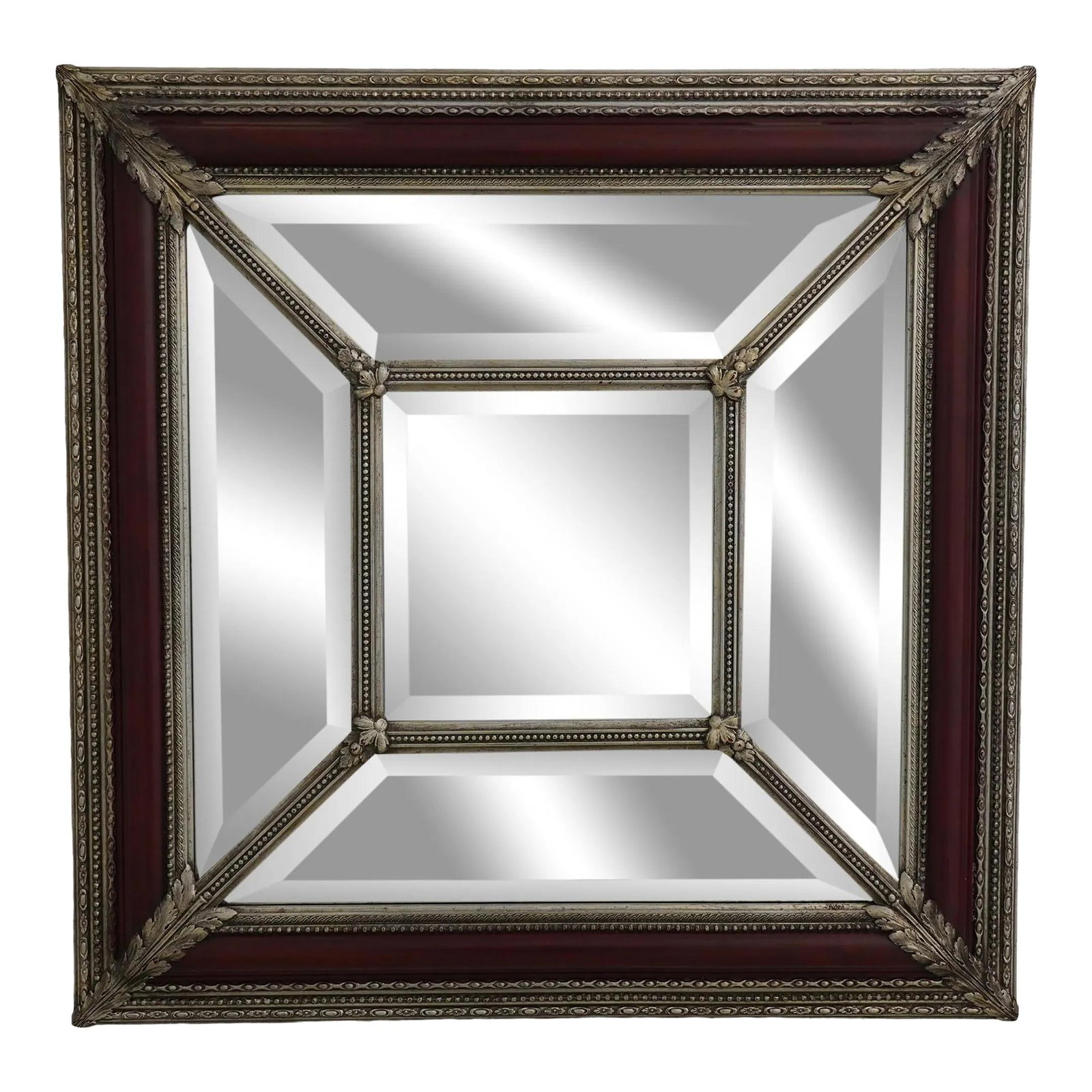 Friedman Brothers Square Mirror Burgundy Silver Beveled Edges 34.25" (1 of 8)