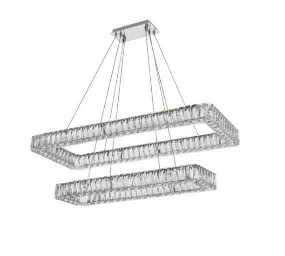 Monroe Chrome Crystal LED Chandelier 42 Inch Adjustable Height: Monroe Chrome Crystal LED Chandelier 42 Inch Adjustable Height This modern crystal chandelier features a sleek chrome finish and is designed for dining rooms, living rooms, kitchens, and other indoor 
