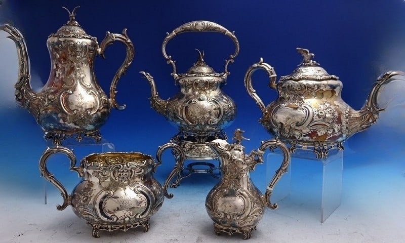 Victorian English Sterling Silver Five-Piece Tea Set with 3D Bird Finials: Victorian English Sterling Silver Five-Piece Tea Set with 3D Bird Finials This English Victorian five-piece sterling silver tea set by Martin Hall & Co., made circa 1894 in Sheffield, features intrica