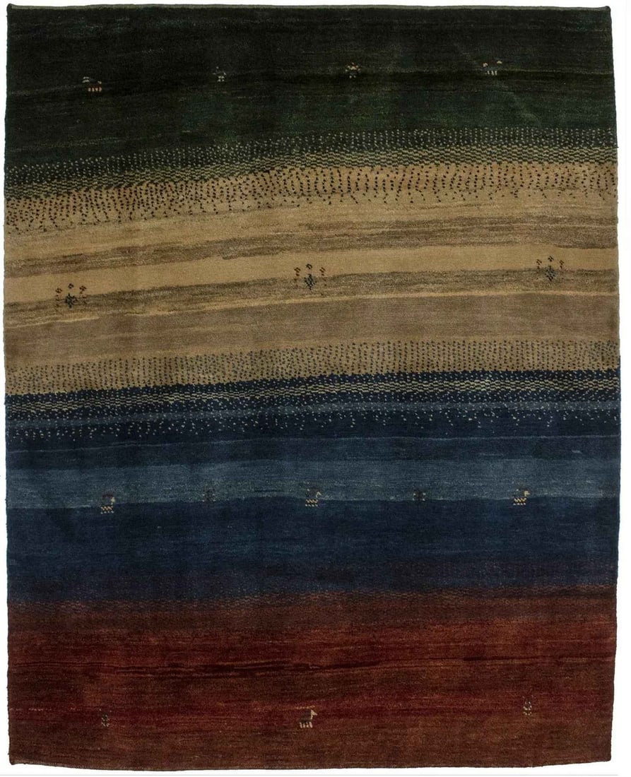 Hand-Knotted Wool Tribal Striped Modern Area Rug 4'11" x 6'2" Multicolored: Hand-Knotted Wool Tribal Striped Modern Area Rug 4'11" x 6'2" Multicolored This is a multicolor hand-knotted wool area rug featuring a modern tribal Gabbeh design. The rectangular rug showcases a stri