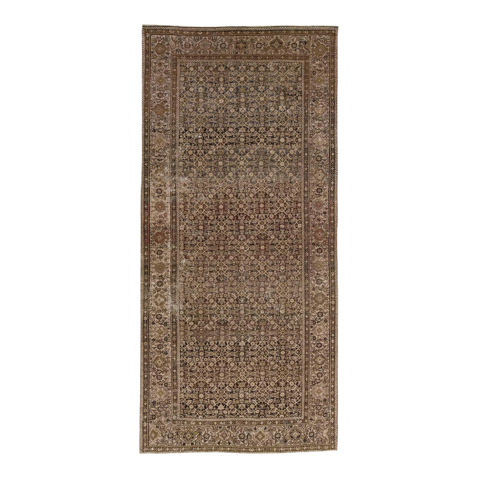 Antique Persian Malayer Handmade Wool Rug 6'3 x 13'9 Brown Geometric Pattern: Antique Persian Malayer Handmade Wool Rug 6'3 x 13'9 Brown Geometric Pattern Discover the charm of this exquisite antique Malayer rug, hand-knotted from high-quality wool. Featuring a rich brown color