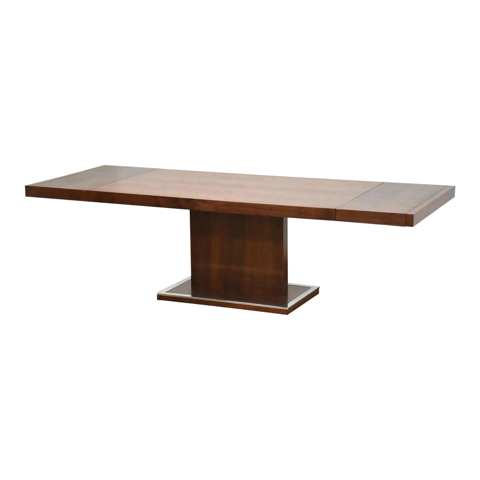Mid-Century Walnut Dining Table with Chrome Accents and 2 Leaves: Mid-Century Walnut Dining Table with Chrome Accents and 2 Leaves This stunning mid-century modern dining table features a rich walnut finish and elegant chrome accents. Designed to accommodate gatheri