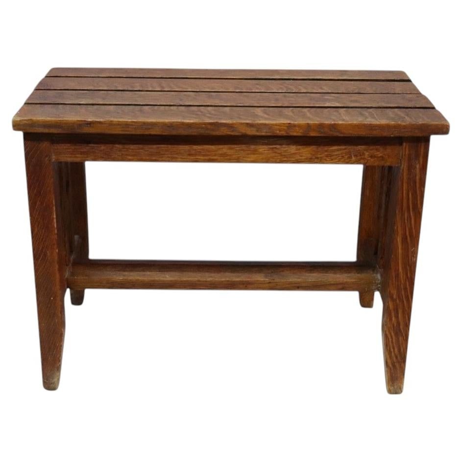 Mission Style Oak Bench with Slatted Top c1920: Mission Style Oak Bench with Slatted Top c1920 Antique Arts & Crafts Mission oak bench dating to circa 1920, featuring a slatted top, vertical slat sides, and a lower stretcher for structural stabilit