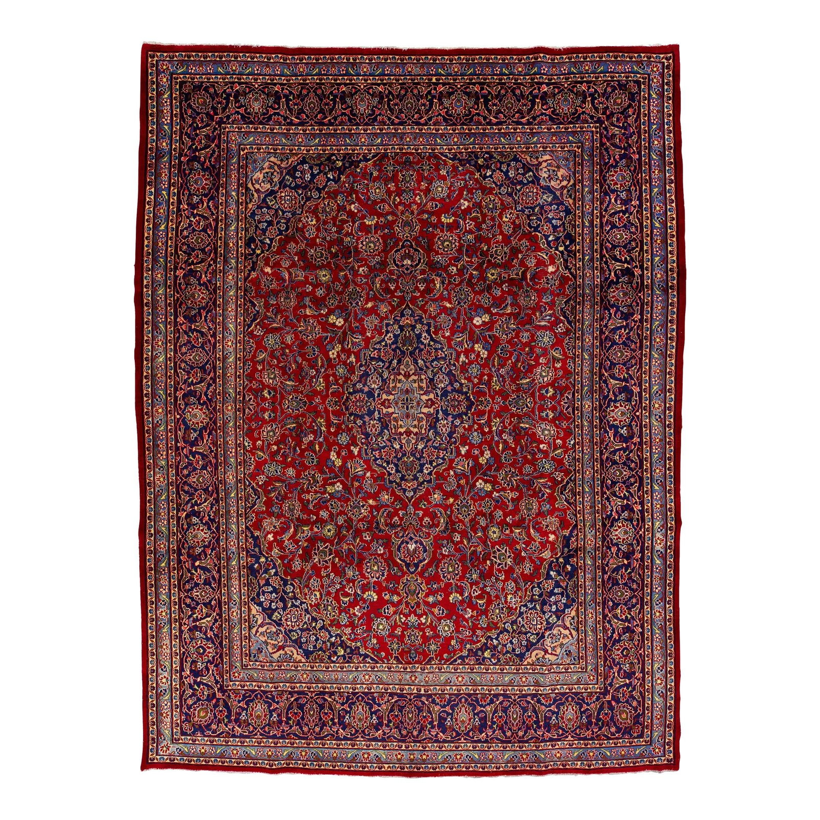 1950s Handmade Persian Kashan Wool Rug Red Floral 9'8 x 12'11: 1950s Handmade Persian Kashan Wool Rug Red Floral 9'8 x 12'11 This exquisite vintage Persian Kashan rug is a stunning example of craftsmanship from the 1950s. Hand-knotted from high-quality wool, it f