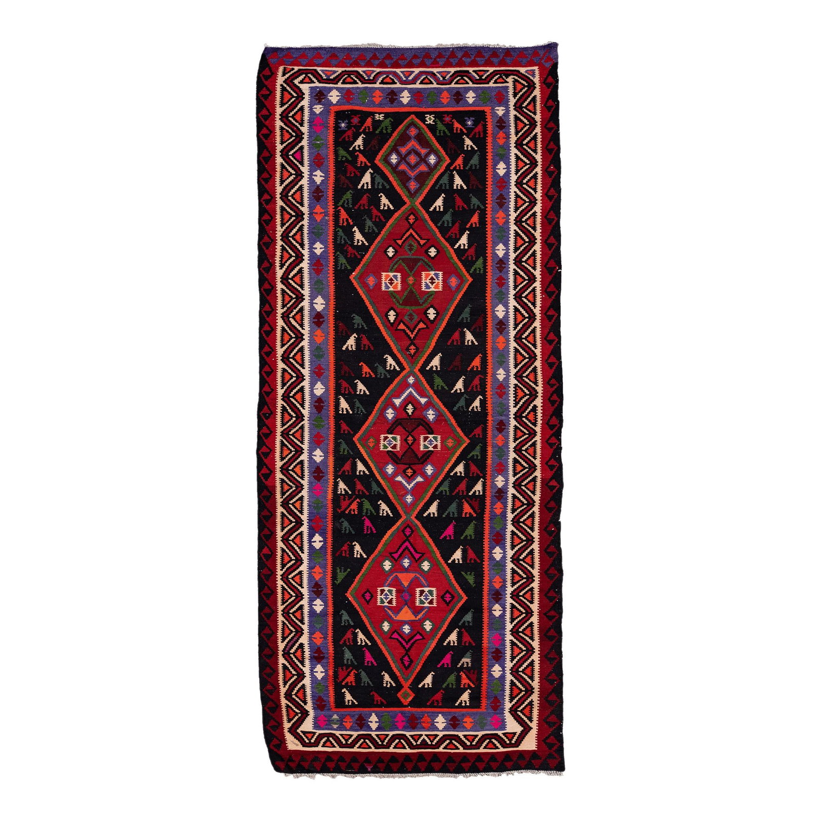 Vintage Multicolor Kilim Handmade Wool Runner 5'2" x 12'11" Geometric Design: Vintage Multicolor Kilim Handmade Wool Runner 5'2" x 12'11" Geometric Design Discover this stunning vintage kilim handmade wool runner, showcasing a vibrant multicolor field adorned with a captivating
