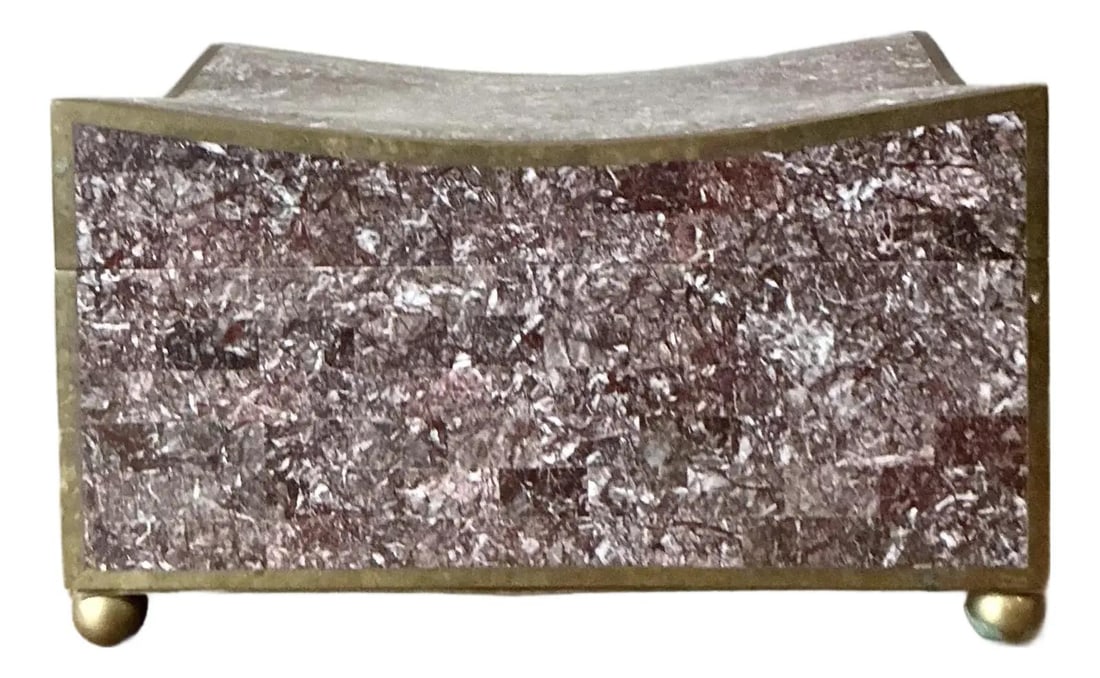 Tessellated Stone Decorative Box with Brass Accents and Pagoda Lid: Tessellated Stone Decorative Box with Brass Accents and Pagoda Lid This vintage tessellated stone box showcases hand-cut tiles in a mosaic of mauve, amethyst, and charcoal grey tones. The box features