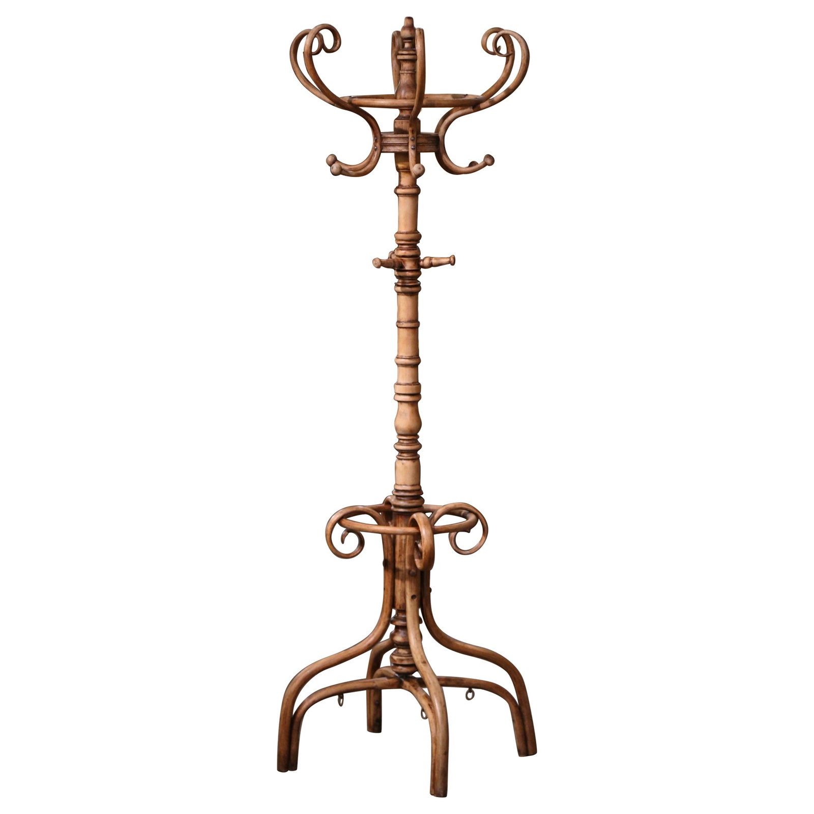 1920s French Thonet Style Bleached Bentwood Coat Stand Art Deco: 1920s French Thonet Style Bleached Bentwood Coat Stand Art Deco Enhance your entryway or dressing area with this exquisite 1920s French Thonet-Style Bleached Bentwood Perroquet Coat Stand. This sculpt