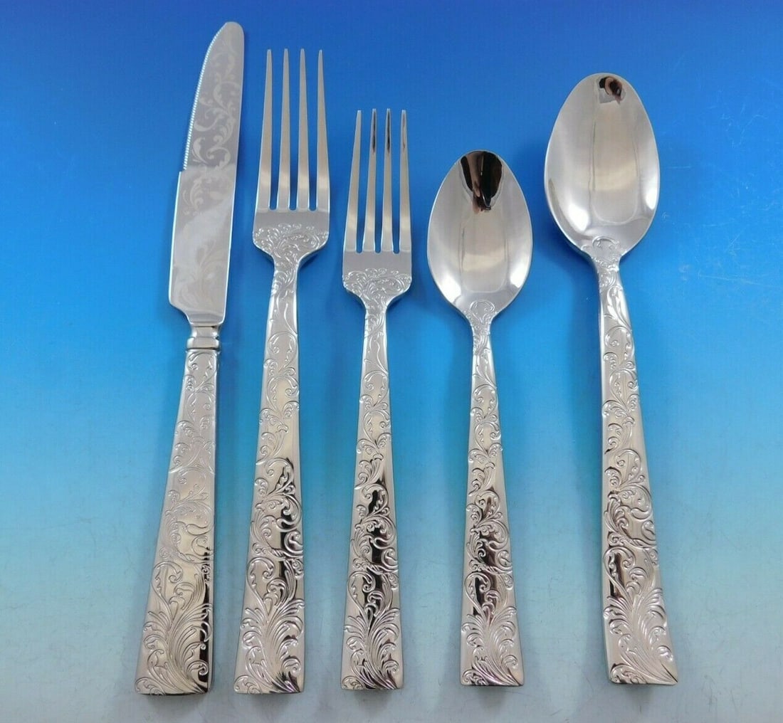 Ricci Parisian Garden 45-Piece Stainless Flatware Set for 8 New: Ricci Parisian Garden 45-Piece Stainless Flatware Set for 8 New Elevate your dining experience with the Parisian Garden Stainless Flatware Set by Ricci, designed to serve 8. This stunning 45-piece set
