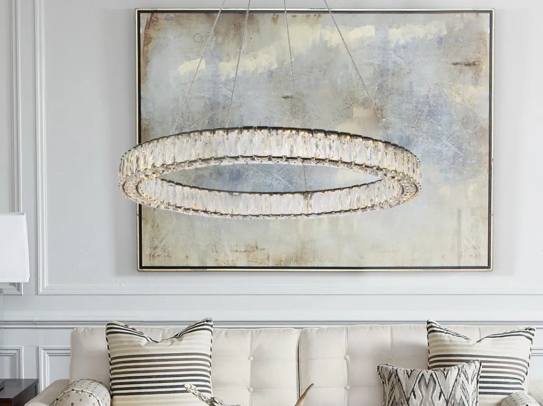 Monroe LED Crystal Black Chandelier 31 Inch Round: Monroe LED Crystal Black Chandelier 31 Inch Round This modern crystal chandelier features a sleek black finish and integrated LED lighting, making it a striking addition to entryways, dining rooms, li