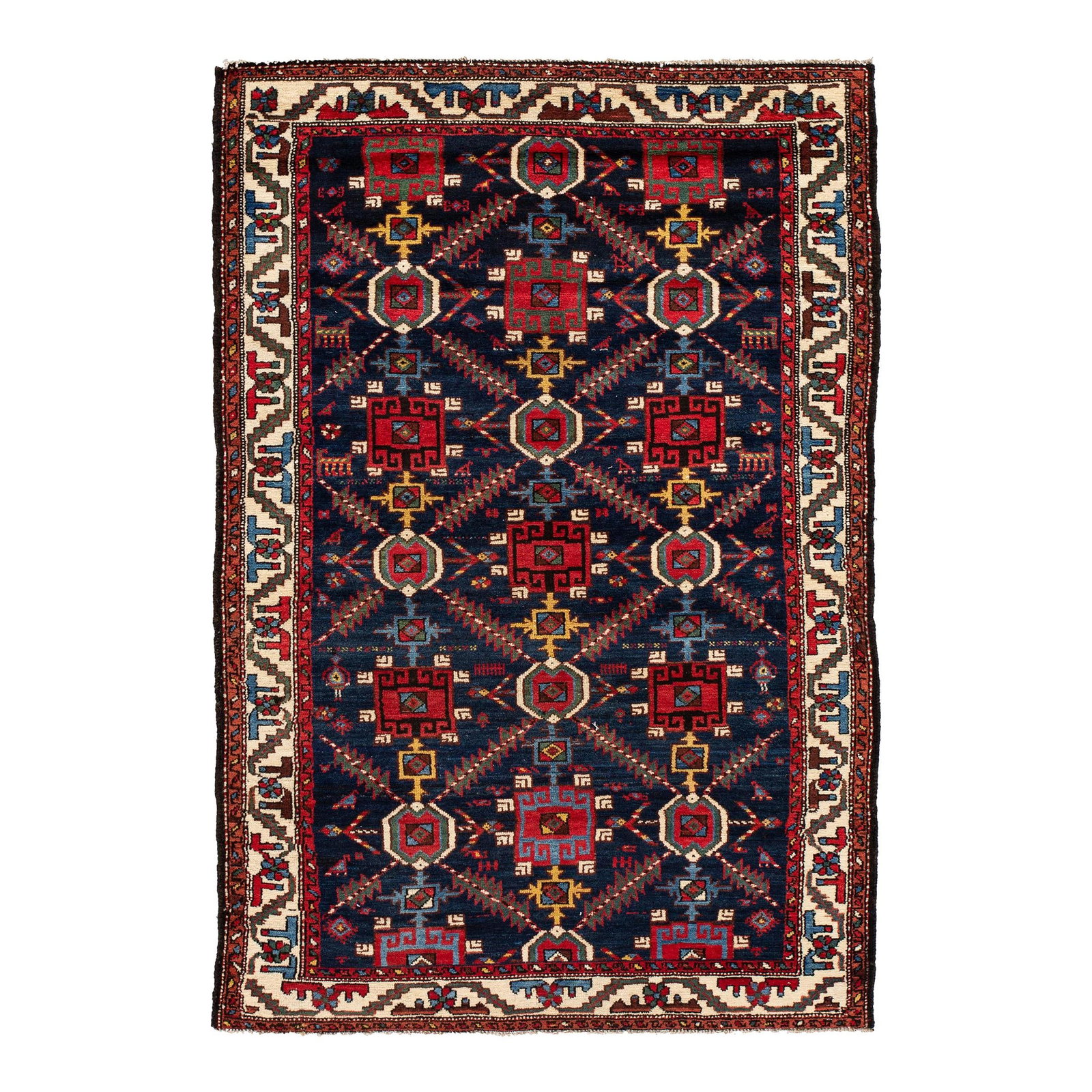 Antique Persian Bakhtiari Hand-Knotted Wool Rug 4'3 X 6'4 Navy Blue Tribal Design: Antique Persian Bakhtiari Hand-Knotted Wool Rug 4'3 X 6'4 Navy Blue Tribal Design This exquisite antique Persian Bakhtiari rug is a stunning addition to any space. Hand-knotted with care, it features 