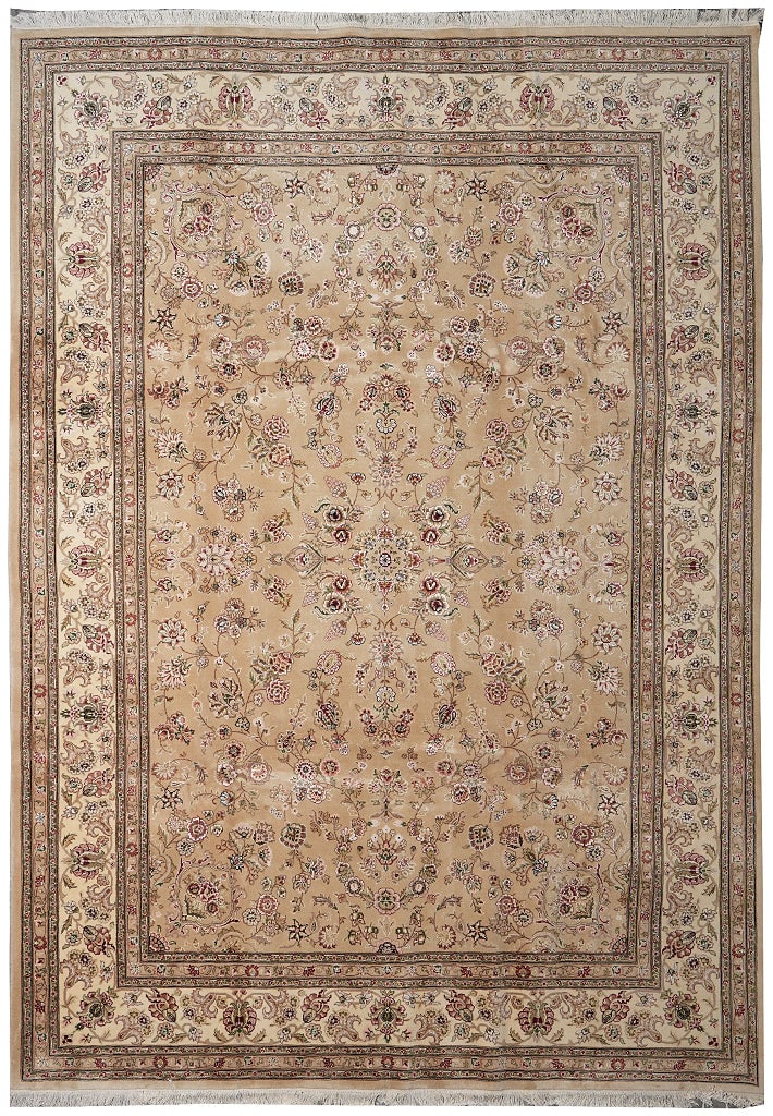8.6 x 11.6 Hand-Knotted Wool Silk Tabriz Rug Khaki Floral China: 8.6 x 11.6 Hand-Knotted Wool Silk Tabriz Rug Khaki Floral China Free continental US Shipping This 8.6 x 11.6 fine weave area rug is handmade using a blend of wool and silk. Featuring a khaki backgroun