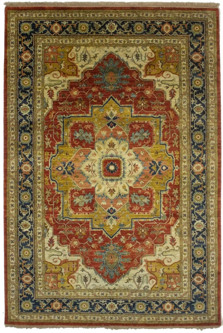 Hand-Knotted Wool Heriz Serapi Rug 5'10 x 8'8 Traditional Scarlet Red: Hand-Knotted Wool Heriz Serapi Rug 5'10 x 8'8 Traditional Scarlet Red This hand-knotted Heriz Serapi Oriental rug features a traditional geometric design in a rich palette of scarlet red, hale navy, c