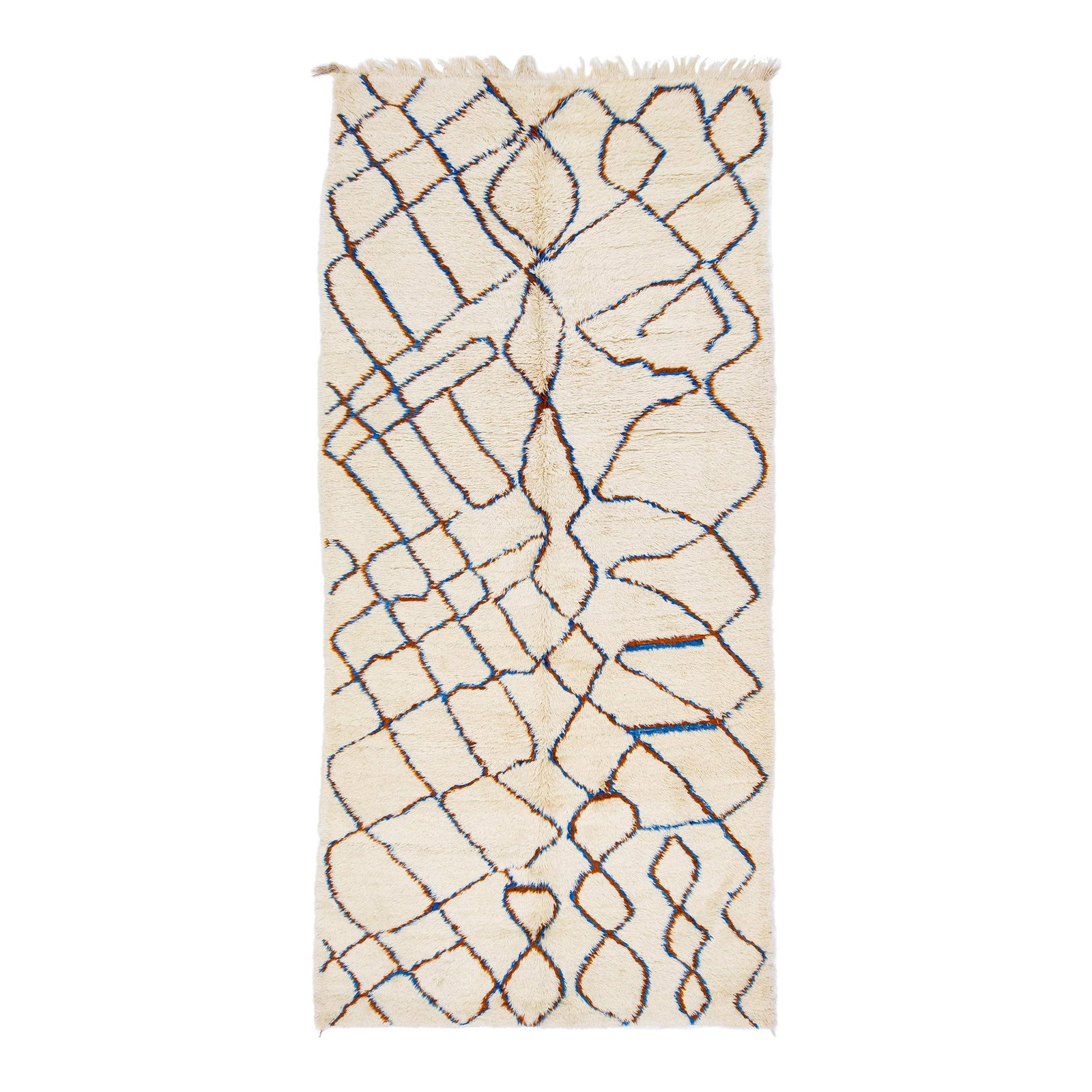 Modern Moroccan Hand-Knotted Wool Rug Beige Tribal Design 5'9 x 12'2: Modern Moroccan Hand-Knotted Wool Rug Beige Tribal Design 5'9 x 12'2 Transform your space with this stunning modern Moroccan hand-knotted wool rug. Featuring an antique beige field adorned with blue a