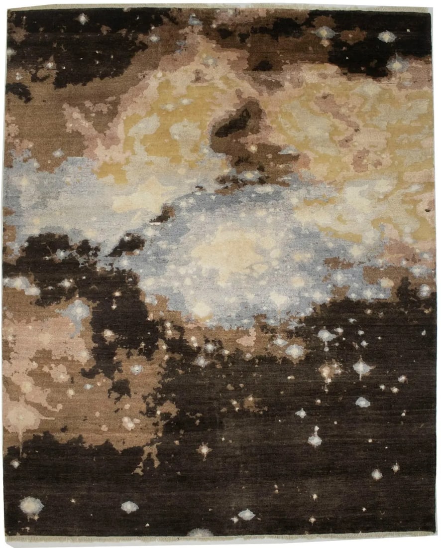 Multicolored Abstract Galaxy Design Hand-Knotted Wool Rug 8X10 ft: Multicolored Abstract Galaxy Design Hand-Knotted Wool Rug 8X10 ft Enhance your living space with this stunning multicolored modern rug featuring an abstract galaxy design. Measuring 9'10" x 8'0", this