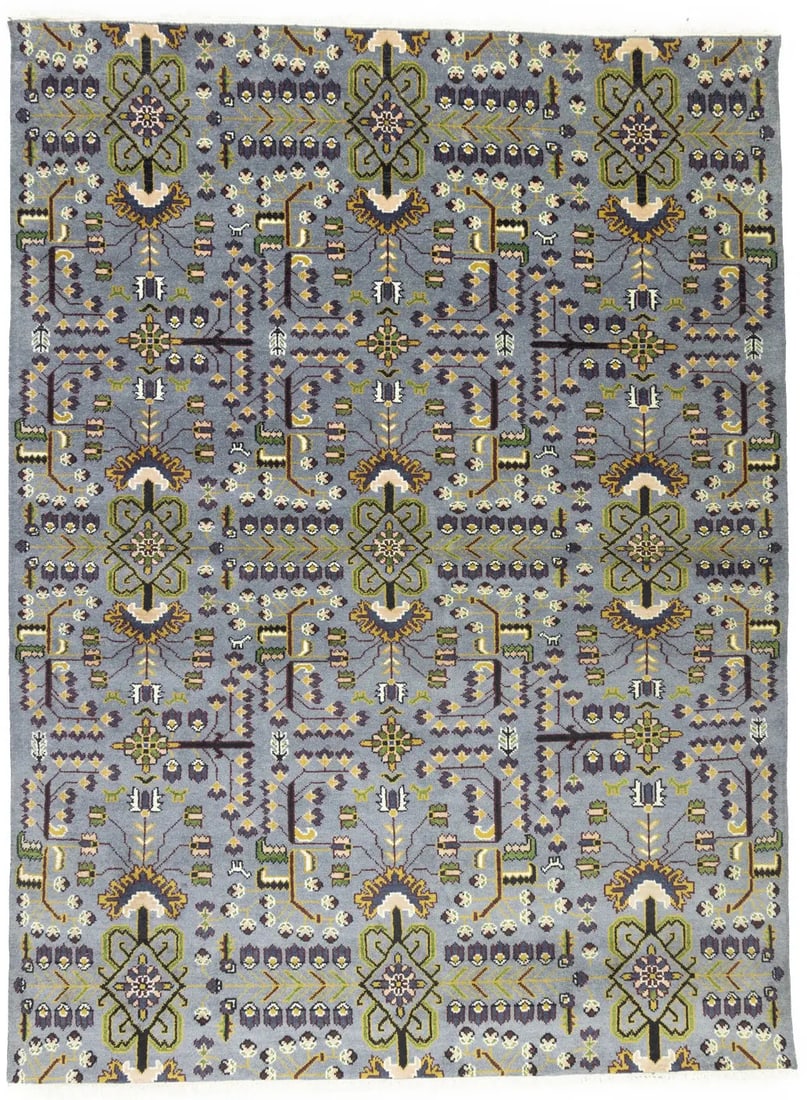 Wool Tribal Floral Area Rug Hand-Knotted 8'10 x 11'11 Modern India Carpet: Wool Tribal Floral Area Rug Hand-Knotted 8'10 x 11'11 Modern India Carpet This handmade Heriz Serapi oriental rug features a striking tribal geometric pattern in a blend of gray, cream, green, gold, l