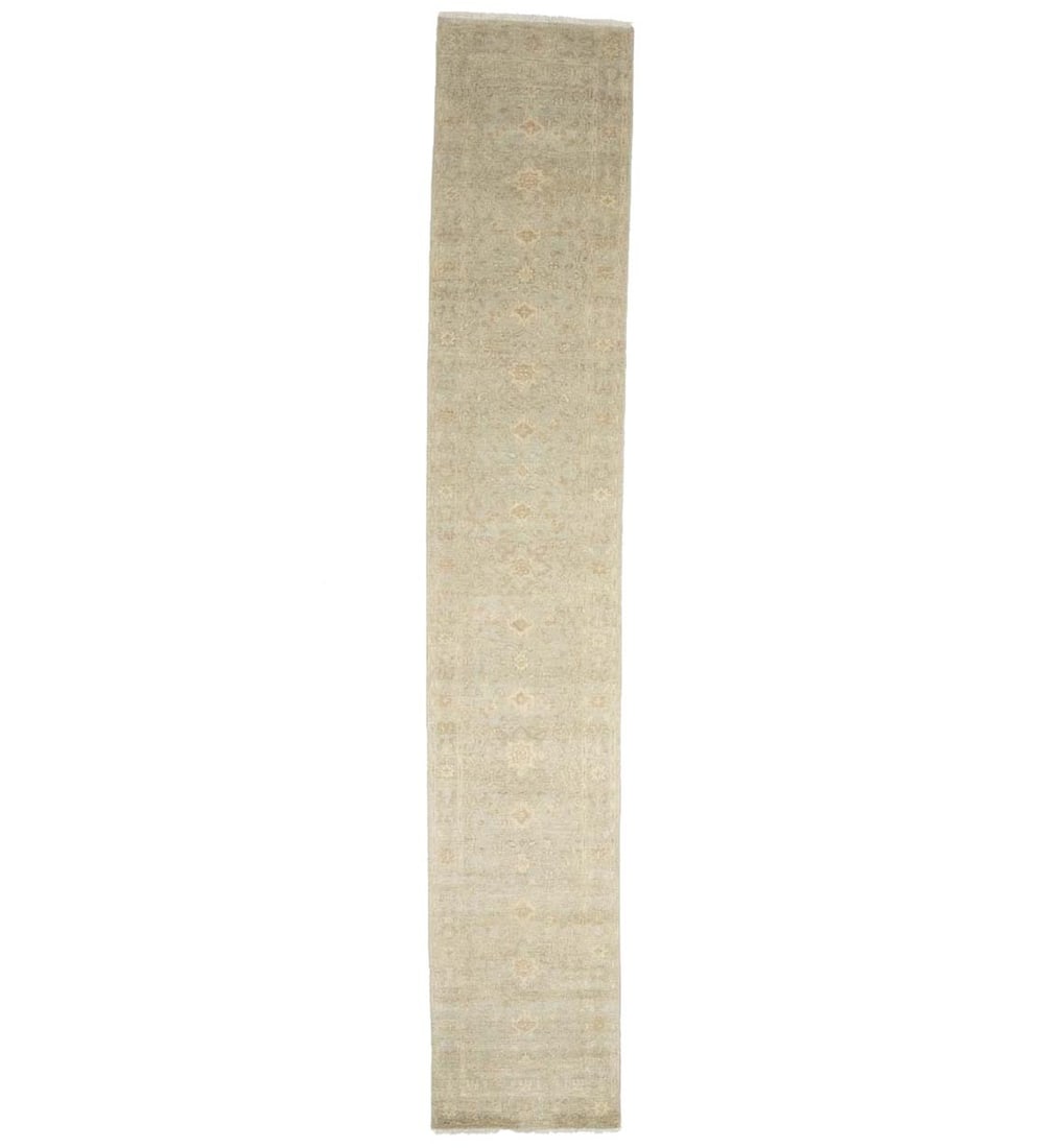 Handmade wool floral runner rug 2'6 x 14'2 muted aqua blue: Handmade wool floral runner rug 2'6 x 14'2 muted aqua blue This handmade Oriental runner rug features a muted aqua blue floral pattern, ideal for adding a touch of elegance to hallways or kitchens. Cr