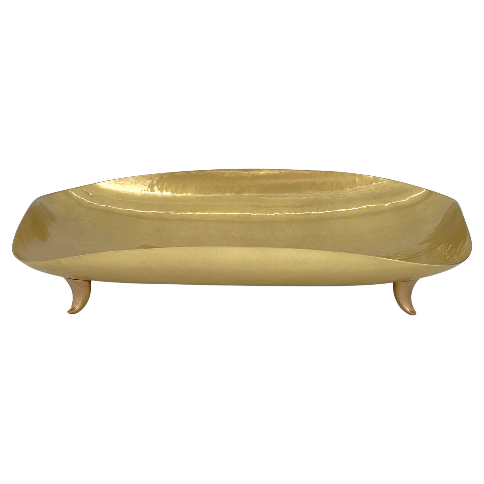 Mid-Century Karl Hagenauer Oblong Hammered Brass Bowl Austria: Mid-Century Karl Hagenauer Oblong Hammered Brass Bowl Austria Elevate your interior decor with this exquisite Oblong Hammered Footed Brass Bowl, designed by Karl Hagenauer for the esteemed Werkstatte 