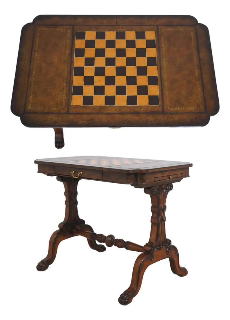 Traditional Mahogany Games Table with Tooled Leather Top and Ball Claw Feet: Traditional Mahogany Games Table with Tooled Leather Top and Ball Claw Feet This traditional style games table features a high quality mahogany base with fine carved details and ball and claw feet. Th
