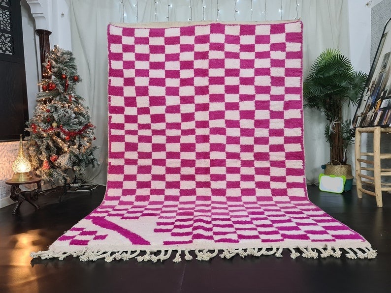 Handmade Moroccan Berber Pink White Wool Rug 9.84 x 6.56 Feet: Handmade Moroccan Berber Pink White Wool Rug 9.84 x 6.56 Feet Enhance your living space with this exquisite soft handmade pink and white Moroccan Berber wool rug. Featuring a captivating chess design,