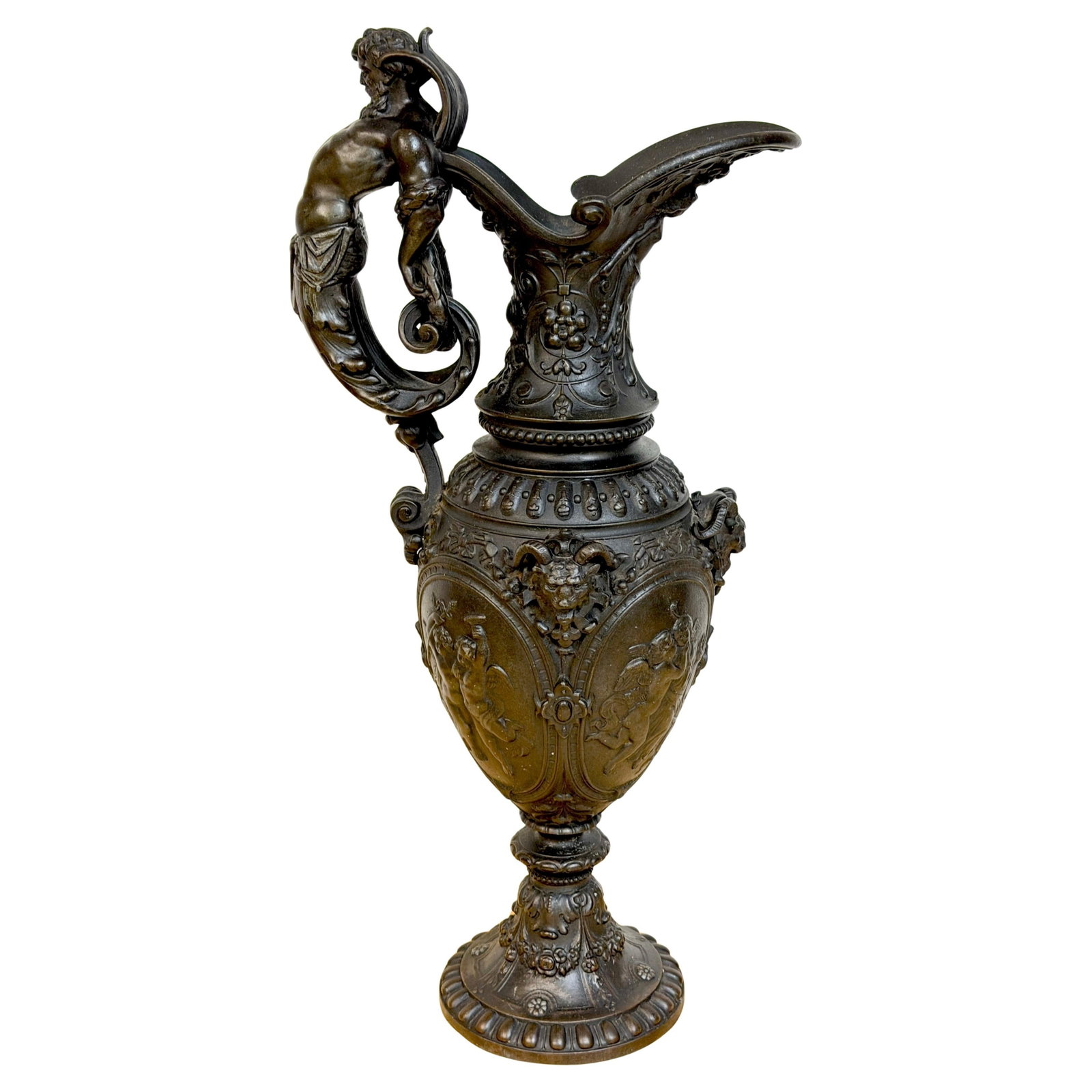French Bronzed Zinc Ewer with Satyr Handle Late 19th Century Clodion Style: French Bronzed Zinc Ewer with Satyr Handle Late 19th Century Clodion Style This 19th-century French ewer is crafted in the Clodion style, featuring a dramatic bronzed zinc construction with a Bacchic 