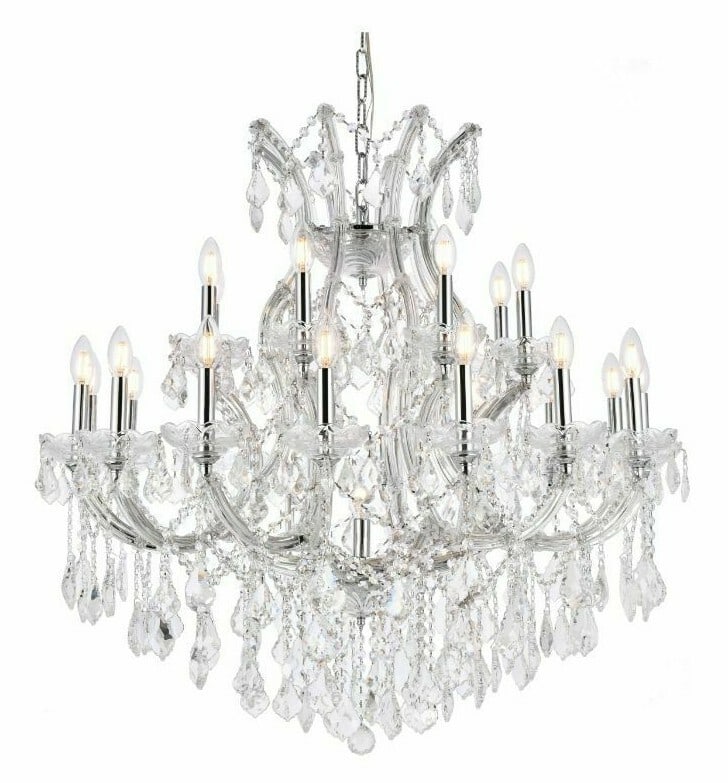 Maria Theresa 36 in Chrome Crystal 24-Light Chandelier: Maria Theresa 36 in Chrome Crystal 24-Light Chandelier Modern Maria Theresa style chandelier with a chrome finish and clear Royal Cut crystals. It is a 24-light indoor fixture designed for hardwired i
