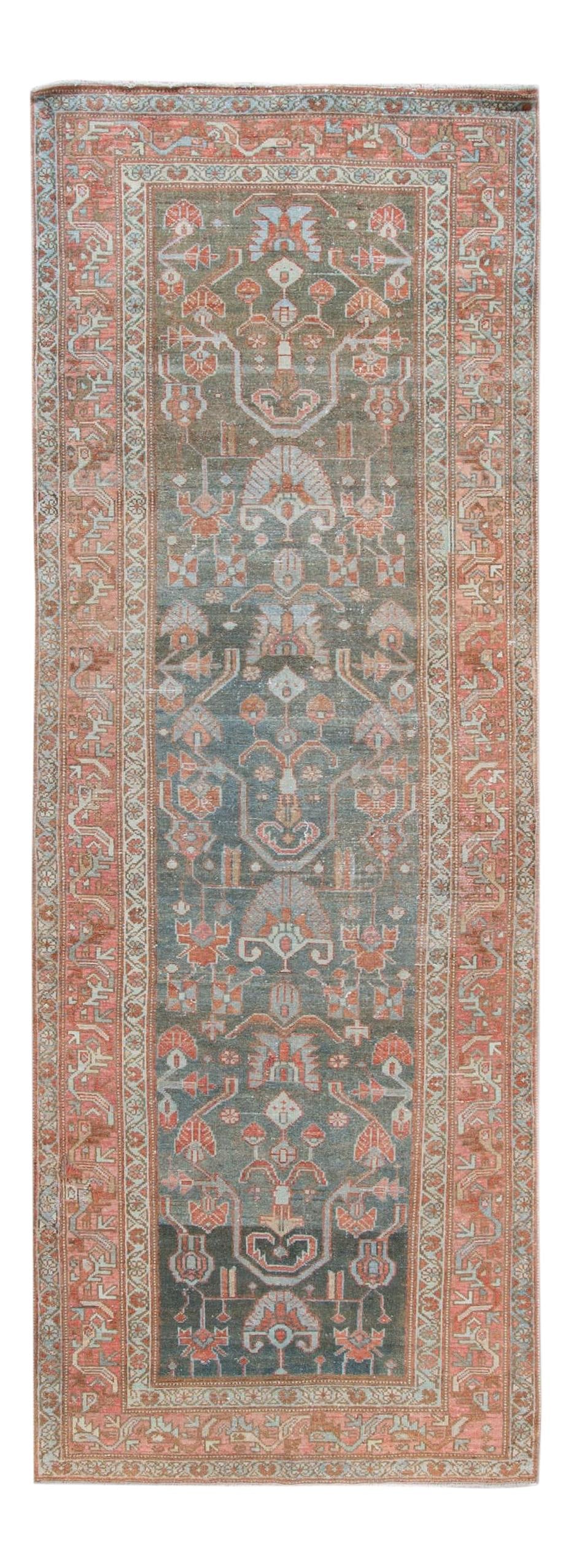 Antique Malayer Wool Runner Blue Floral Design 3'6 x 9'10: Antique Malayer Wool Runner Blue Floral Design 3'6 x 9'10 Experience the elegance of this antique Malayer handmade wool runner, featuring a striking navy-blue field adorned with a stunning medallion f