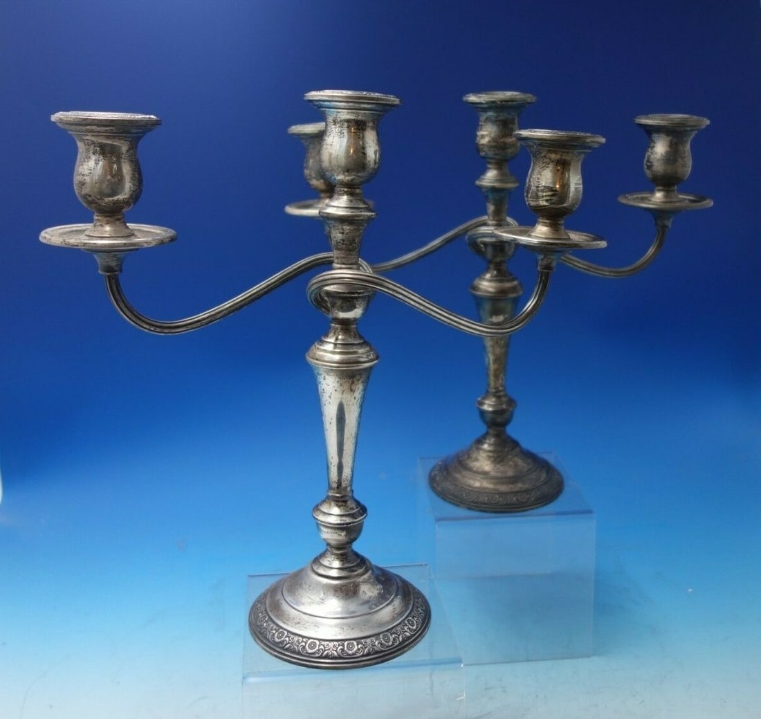 International Sterling Silver Prelude Candelabra Pair 3-Light Circa 1950: International Sterling Silver Prelude Candelabra Pair 3-Light Circa 1950 This exquisite pair of Prelude candelabras by International Sterling features a stunning three-light design, crafted from high-