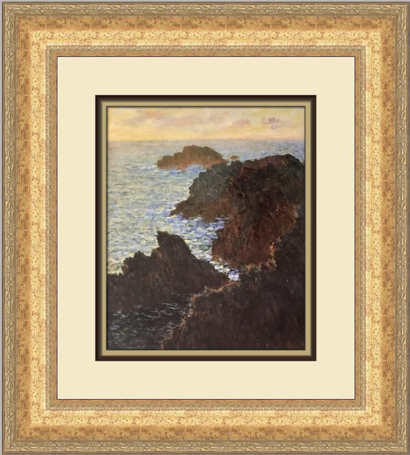 Claude Monet Rocky Headland at Belle-Ile Custom Framed Art Print: Claude Monet Rocky Headland at Belle-Ile Custom Framed Art Print This exquisite custom framed print features Claude Monet's captivating artwork, "Rocky Headland at Belle-Ile." Measuring 19 in. by 17 i
