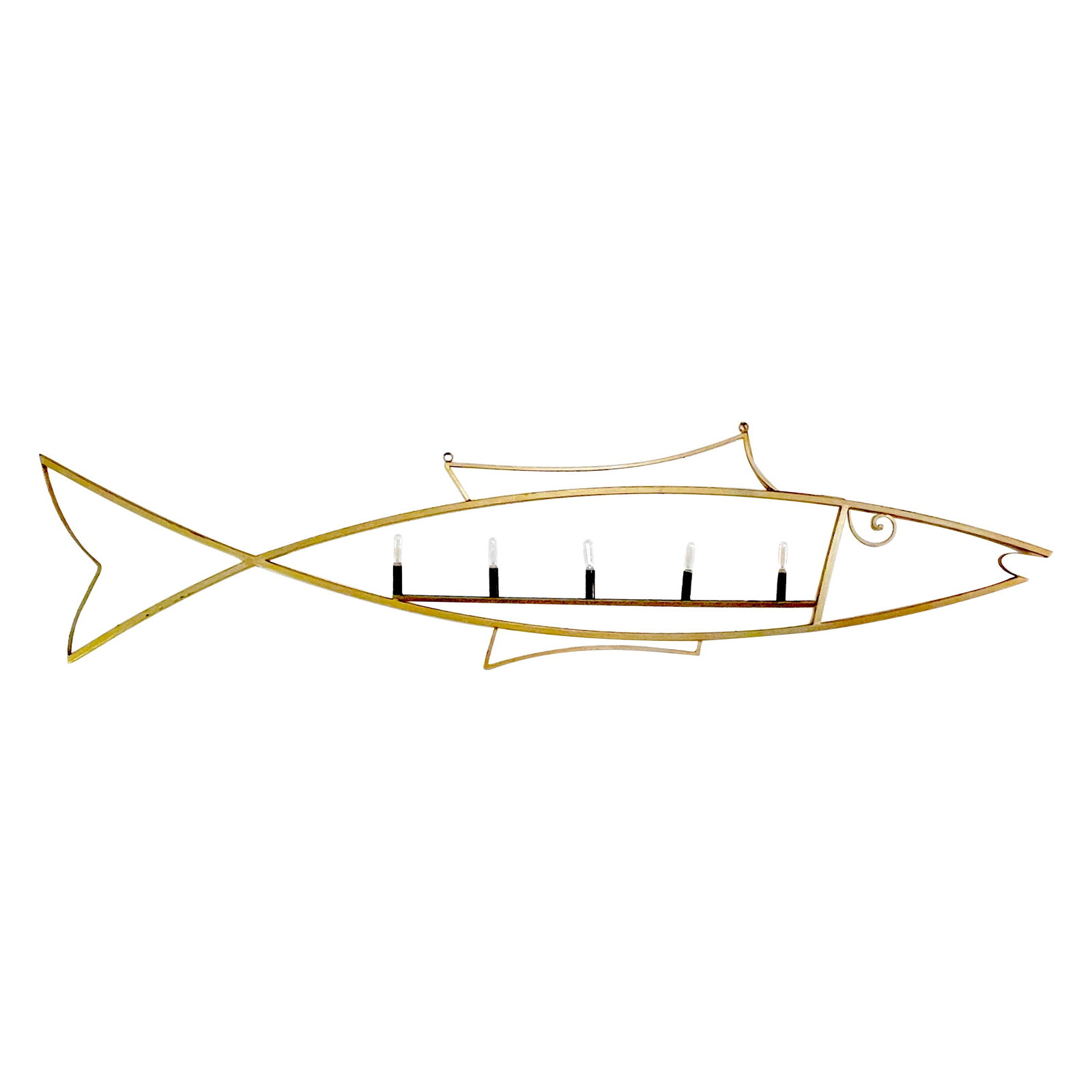 Whimsical 20th Century Gilt Metal Fish Chandelier 5 Light: Whimsical 20th Century Gilt Metal Fish Chandelier 5 Light Introducing the Monumental Modern Sculptural Fish Chandelier, a striking centerpiece that combines whimsy and elegance. This impressive chande