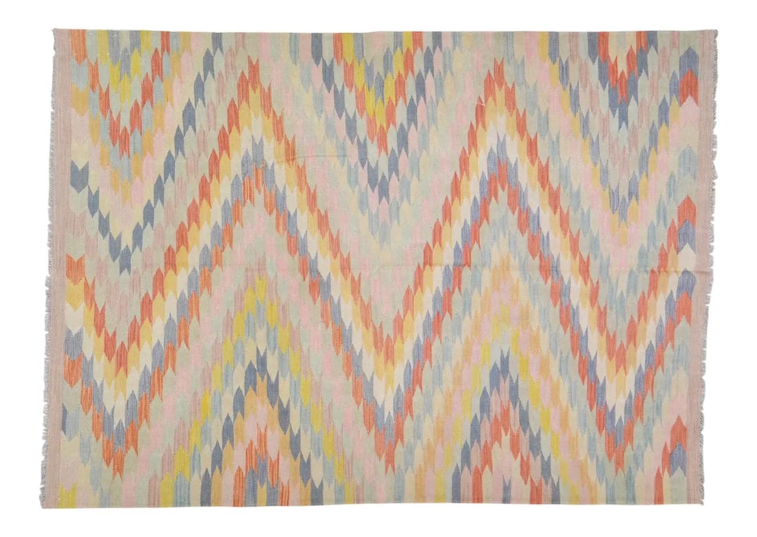 Vintage Maimana Kilim Rug Hand Woven Organic Wool 5'7 x 7'9 Afghan: Vintage Maimana Kilim Rug Hand Woven Organic Wool 5'7 x 7'9 Afghan This vintage Afghan Maimana kilim is hand woven from organic wool and features natural colors with a striking geometric pattern. The 