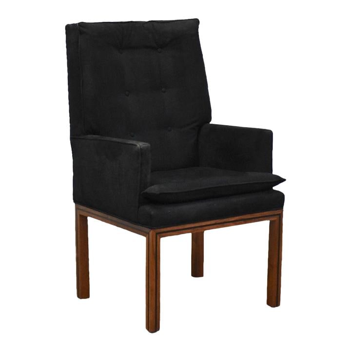 Mid Century Modern John Stuart Walnut Arm Chair Black Velvet: Mid Century Modern John Stuart Walnut Arm Chair Black Velvet This stunning mid-century modern dining arm chair by John Stuart features a sleek walnut frame complemented by elegant black line details a