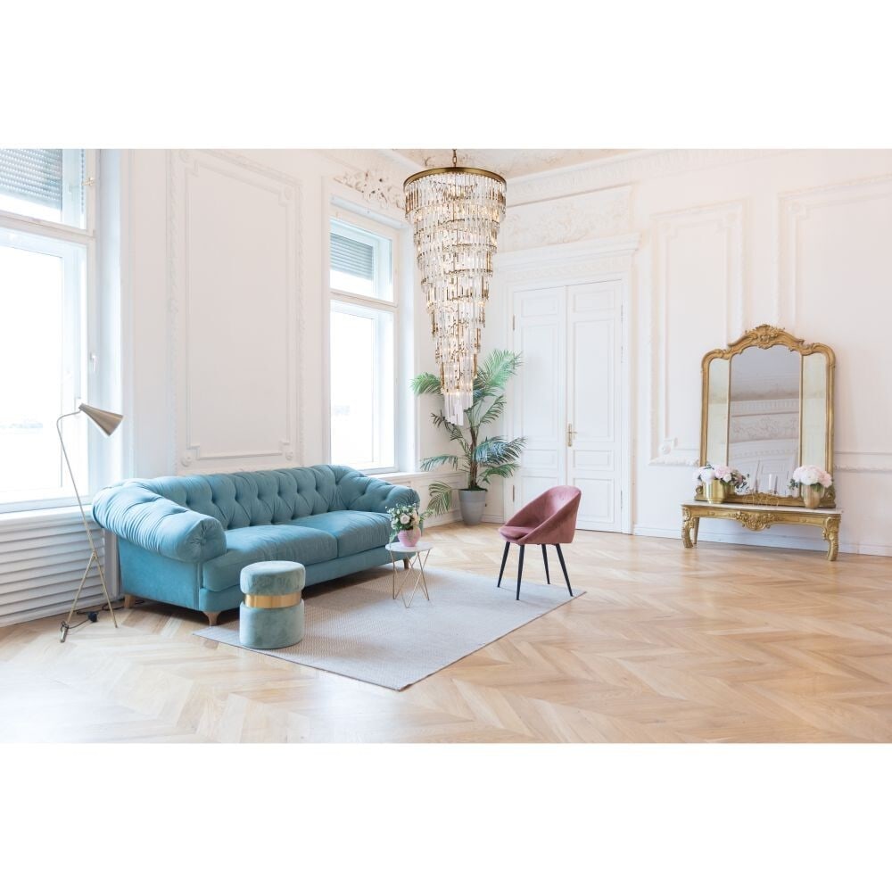 Sydney 35 Light Crystal Chandelier Satin Gold 66 in: Sydney 35 Light Crystal Chandelier Satin Gold 66 in Modern crystal chandelier with a satin gold finish, designed as a 35-light indoor fixture for spaces such as a foyer, entryway, dining room, living 