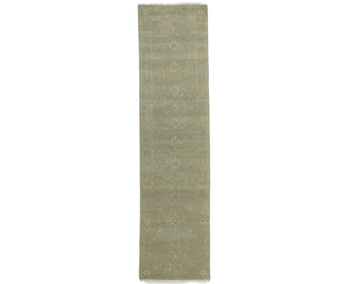Handmade 2'6 x 9'10 Aqua Blue Floral Oriental Runner Rug: Handmade 2'6 x 9'10 Aqua Blue Floral Oriental Runner Rug Enhance your space with this stunning handmade Oriental runner rug, featuring a beautiful muted aqua blue floral design. Measuring 2'6" x 9'10"