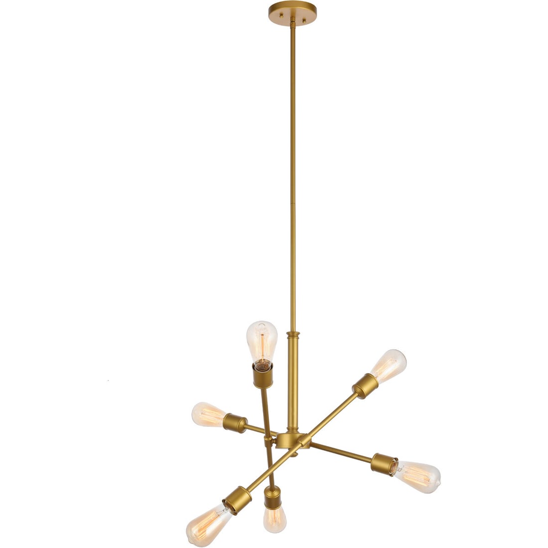 Axel 6 Light Brass Sputnik Chandelier 17 in: Axel 6 Light Brass Sputnik Chandelier 17 in Modern mid-century Sputnik-style chandelier light fixture with a brass finish and 6-light design. It features adjustable crossing arms mounted on a central 