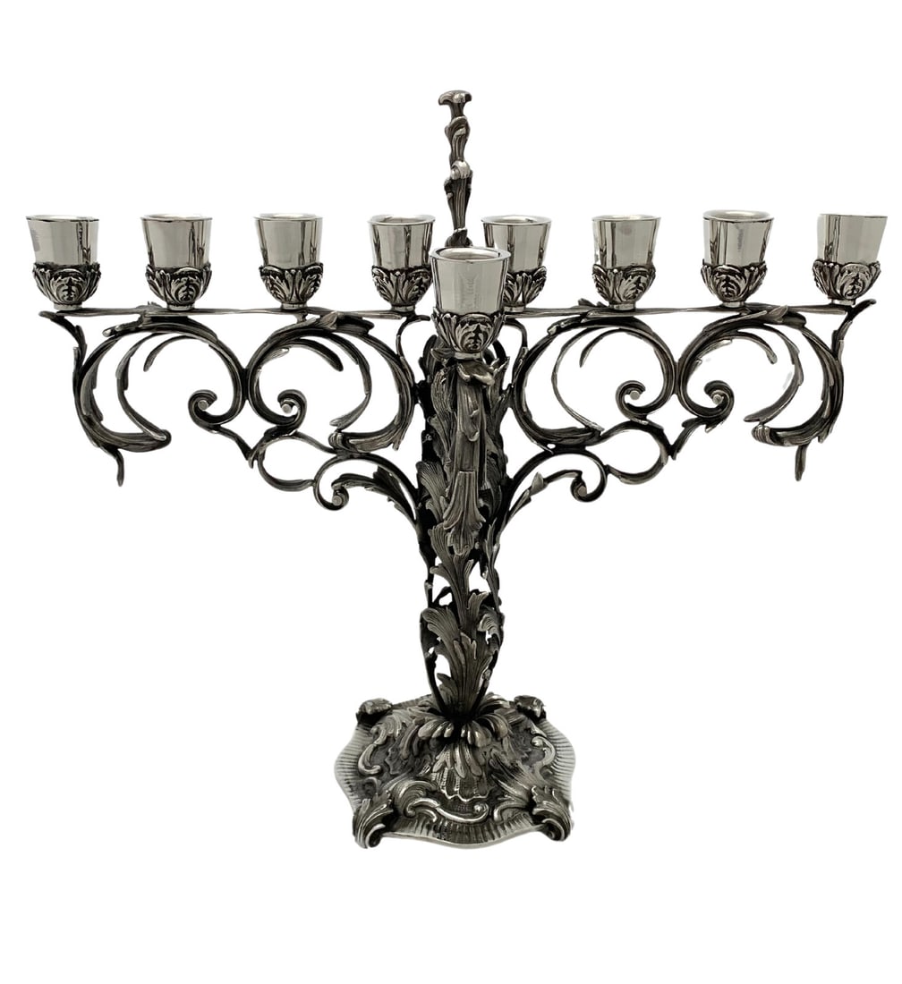 Italian 925 Sterling Silver Handmade Leaf Applique Menorah 15.25 Inches: Italian 925 Sterling Silver Handmade Leaf Applique Menorah 15.25 Inches This exquisite Chanukah Menorah is crafted from fine Italian 925 sterling silver, showcasing a stunning handmade heavy leaf appl