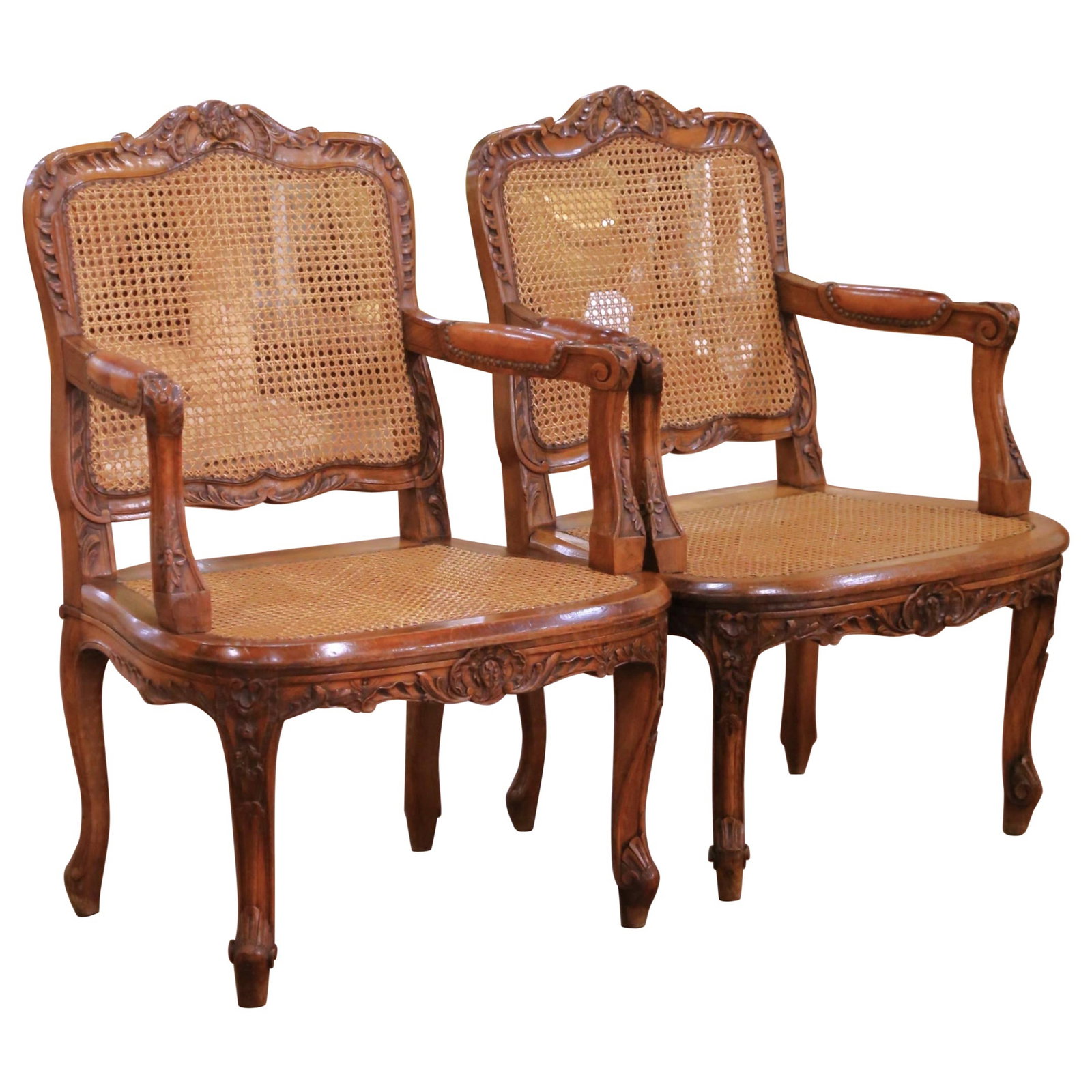 Set of 2 French Walnut Caned Leather Louis XV Desk Armchairs Mid-Century (1 of 13)